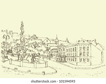 Vector sketch architectural cityscape. Park avenue and old buildings of city streets