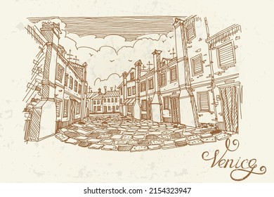 Vektorgrafik der Architektur der Burano-Insel, Venedig, Italien. Künstlerischer Retro-Stil.