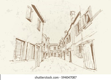 Vector sketch of architecture of Burano island, Venice, Italy. Retro style.