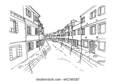 Vector sketch of architecture of Burano island, Venice, Italy.