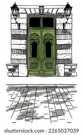 Vector sketch of architecture datails, old wooden doors, Rovinj town, Croatia.