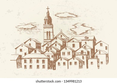 Vector sketch of architecture of Korcula, Croatia.