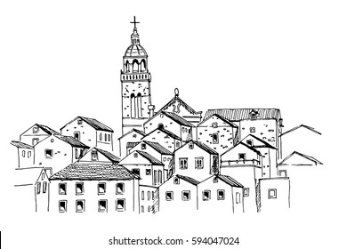 Vector sketch of architecture of Korcula, Croatia.
