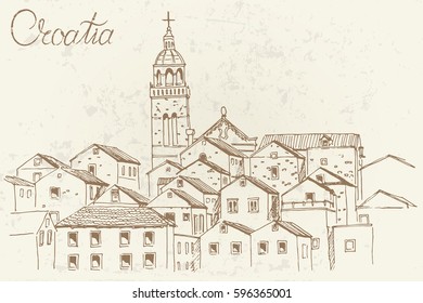 vector sketch of architecture of Korcula, Croatia. Retro style.