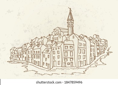 Vector sketch of architecture of Rovinj, Croatia. Retro style.