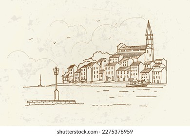 Vector sketch of architecture of Rovinj, Croatia. Artistic retro style.