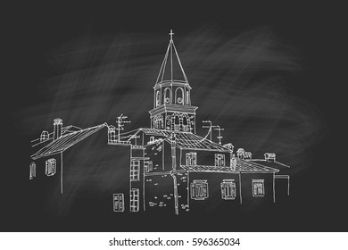 vector sketch of architecture of Zadar  on chalkboard background, Croatia.