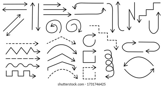 Esbozo vectorial de las flechas. Flechas en forma de garabatos. Líneas trazadas curvas. Punteros con lápiz a mano libre. Ilustración vectorial. Foto de stock.