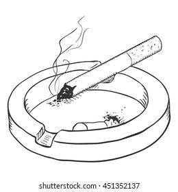 Vector Sketch Ashtray with a Smoking Cigarette and a Cigarette Butt