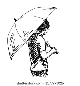 Vector sketch of asian man with umbrella, Hand drawn illustration
