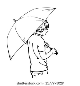 Vector sketch of asian man with umbrella, Hand drawn linear illustration