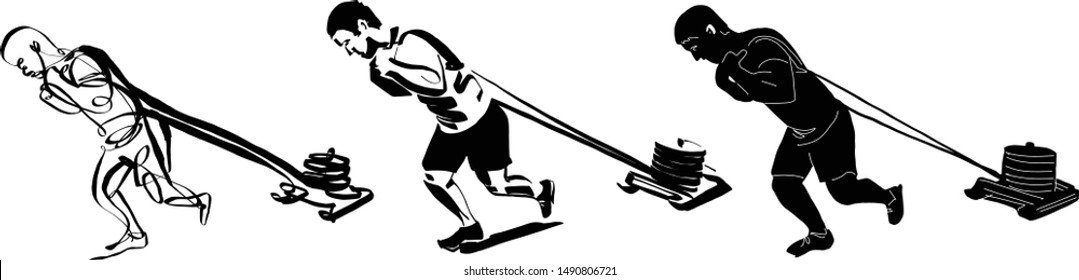 the vector sketch of athlete pulling a sled