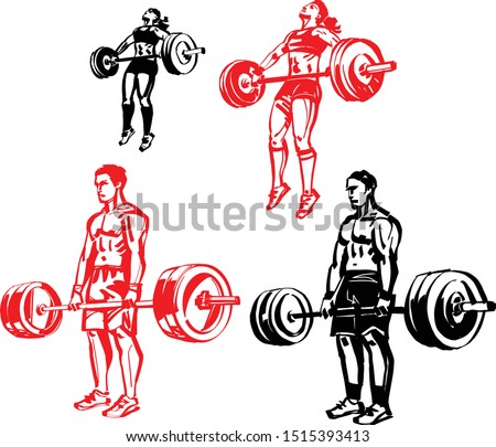 The vector sketch of the athletes doing snatch and dead lifting
