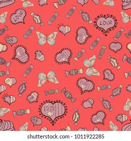 Vector sketch. Baby background with colorful hearts. Valentine':s day. Hearts seamless pattern. Sketch heart elements on pink, neutral and beige colors. Wrapping paper. Flat background for design.