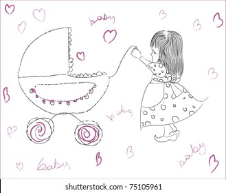 Vector sketch with baby and carriage