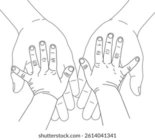 Vector sketch of baby hands placed on top of adult hands, symbolizing love, security and connection