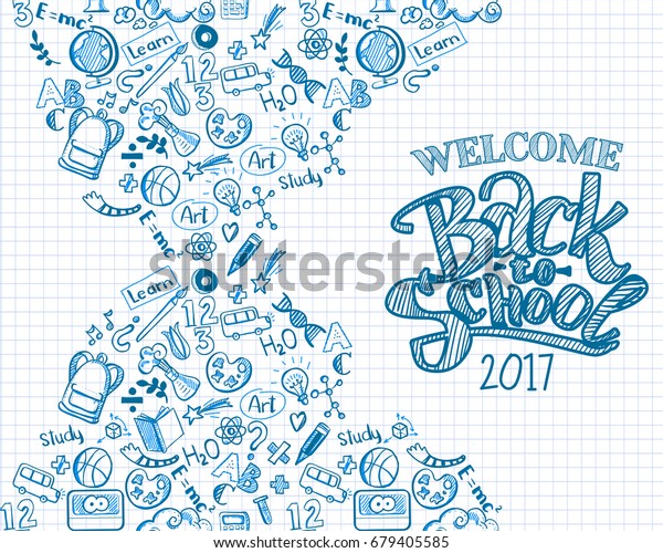 Vector sketch back to school background wit hand\
drawn typography logo. Doodle illustration of stationery isolated.\
Template can used for design, branding, web, brochures, folder,\
banners, leaflet.