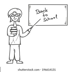vector, sketch, back to school and teacher with books