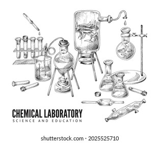 Vector sketch background with equipment and glassware for chemical scientific or educational laboratory. Hand drawn medical and biological instruments isolated on white background. Symbol of education