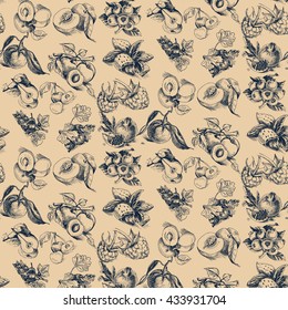 Vector sketch background fruit. Raspberry, peach, apricot, orange, citrus, lemon, pear, blueberry, berry, currant, gooseberry, pomegranate, almonds.
