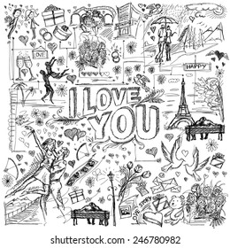 Vector sketch background with love story elements, dancing couple, flowers, rings, cinema and dates