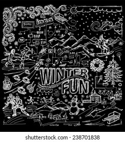 Vector sketch background with winter fun, snow board, snowball fight, snowman, christmas, new year,  hockey, skating, sledge