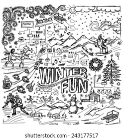 Vector sketch background with winter fun, snow board, snowball fight, snowman, Christmas, new year,  hockey, skating, sledge