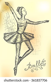 Vector sketch of  ballerina, hand drawing on old paper. Hand drawn illustration of ballet dancer, retro style