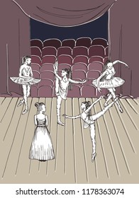 Vector sketch. Ballerinas on  stage . Vector pen style objects set.