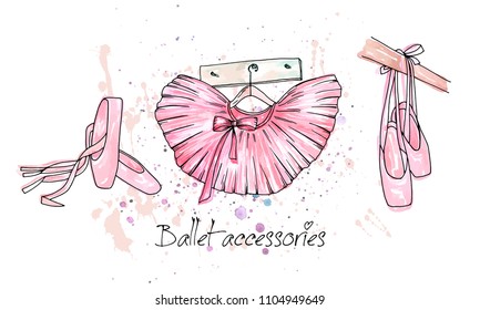 Vector sketch. Ballet  accessories, pointes and skirt. Vector pen style objects set. Print element.