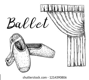 Vector sketch. Ballet concept. Pointes, theater curtain. Vector pen style objects set. Print element.