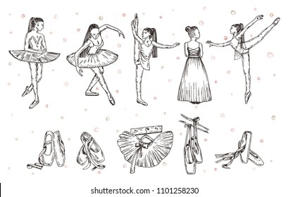 Vector sketch. Ballet dancer and accessories. Vector pen style objects set.