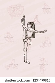 Vector sketch. Ballet dancer and accessories. Vector pen style objects set.