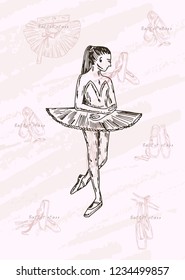 Vector sketch. Ballet dancer and accessories. Vector pen style objects set.