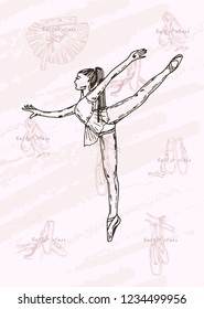 Vector sketch. Ballet dancer and accessories. Vector pen style objects set.