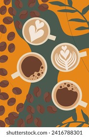 Vector sketch banner with coffee beans, cups and leaves on minimal background. Template design.  Illustration for cafe menu, invitations, cards, banner, poster, cover. 