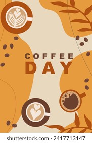 Vector sketch banner with coffee beans, cups and leaves on minimal background. Template design.  Illustration for cafe menu, invitations, cards, banner, poster, cover. 