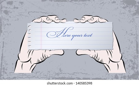 Vector sketch of banner and two hands. Hands holds banner. Hand drawing.