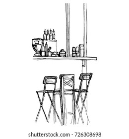 Vector sketch of bar counter and chairs, hand drawn interior illustration