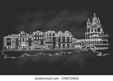 Vector sketch of Basilica Santa Maria della Salutel and cityscape of Venice. Retro style.
