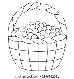 Vector Sketch basket with wild berries. Cute wicker basket with forest berries. Hand draw illustration in cartoon doodle style. Black outlines isolated on a white background. Contour drawing. 