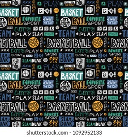 Vector sketch basketball seamless pattern. Retro, grunge, hand-drawing lettering, favorite sport, go, you win, slam dunk, team. Print design for T-shirts, banners, flyers, children's clothes.