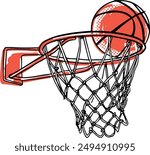 the vector sketch of the basketball throwing in basketball net