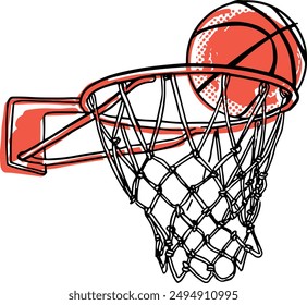 the vector sketch of the basketball throwing in basketball net