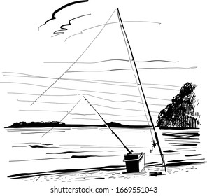 the vector sketch of the beach fishing