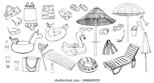 Vector sketch beach items. Hand drawn 
beachwear, accessories and equipment: umbrella, sunglasses, 
flippers, mask, glasses, swimsuit, sun bed, air mattress, flip flops, rubber ring.