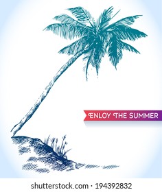 Vector sketch beach with palm tree and ribbon