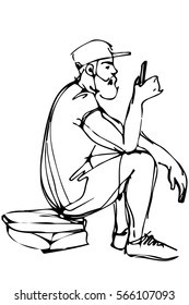 vector sketch of a bearded man wearing a cap and shorts looks in the phone