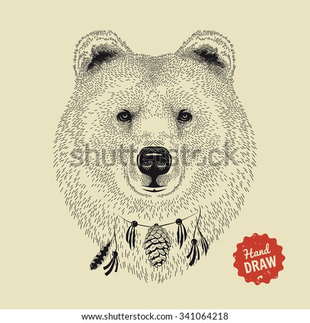 Vector sketch of a bear's face. Bear head, front view. Hand drawn illustration