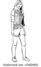 vector sketch of a beautiful blonde in shorts